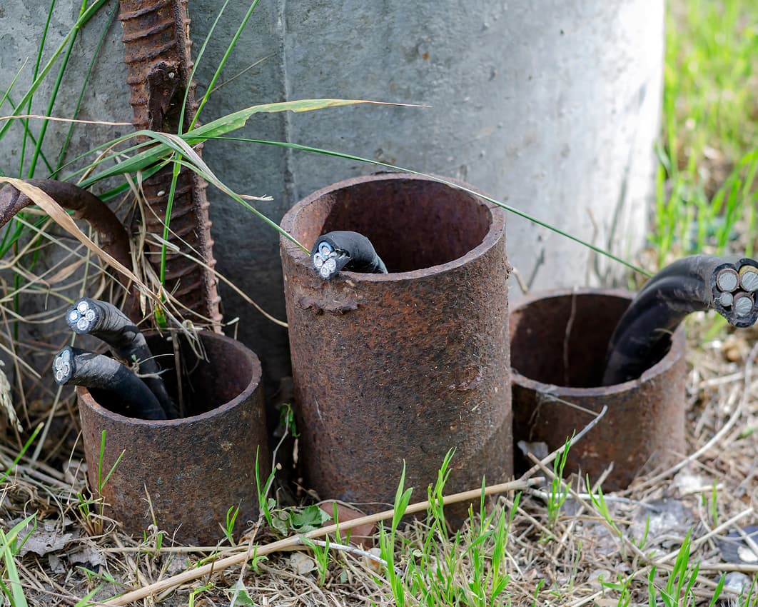 Three thick black cables with exposed wire ends protrude from rusty metal pipes set in the ground near tall grass and a concrete structure. The cables appear weathered and unused.