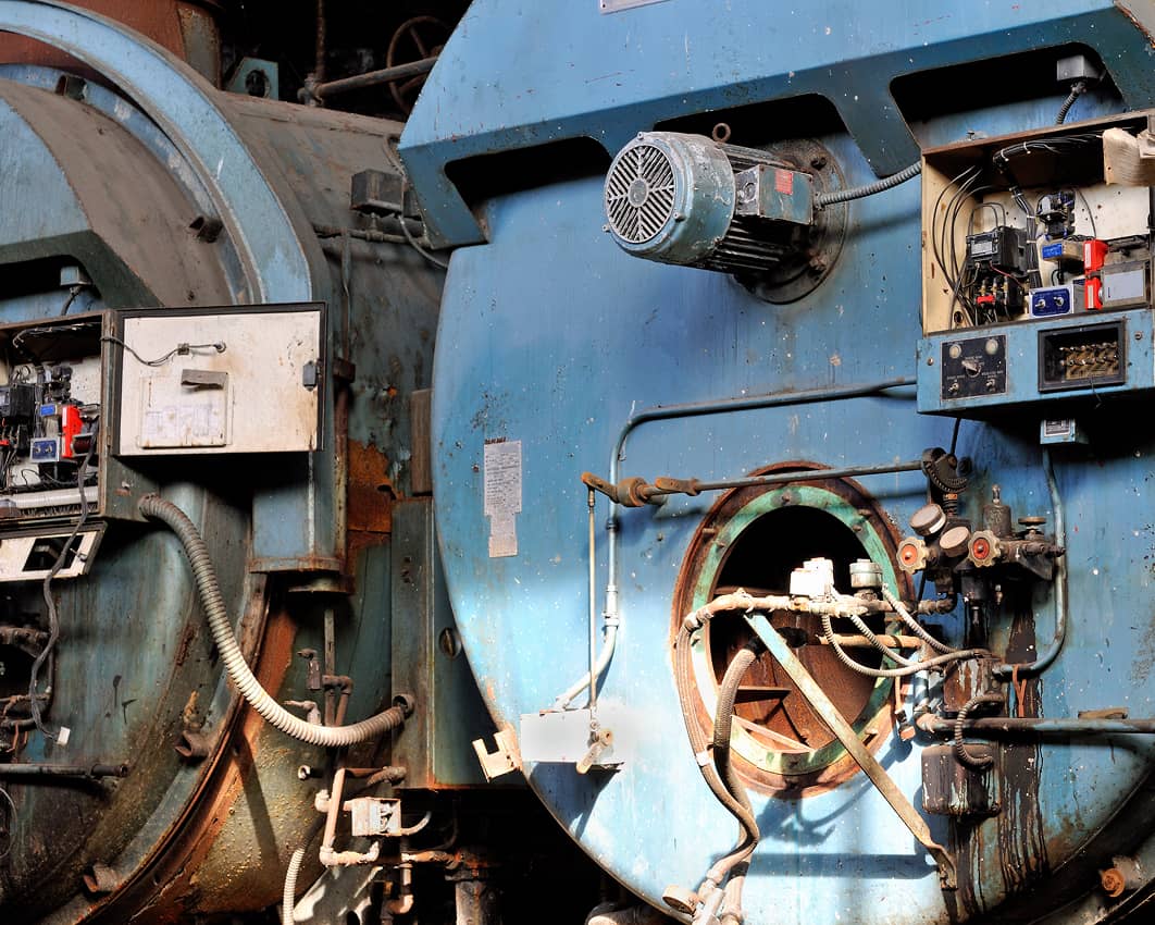 Two large, weathered industrial boilers with exposed control panels and wiring. The metal surfaces are worn and rusted in areas, with motors, gauges, pipes, and access ports visible on the front. Both control boxes are open, showing electrical components inside. The scene suggests aging mechanical equipment in an industrial facility.