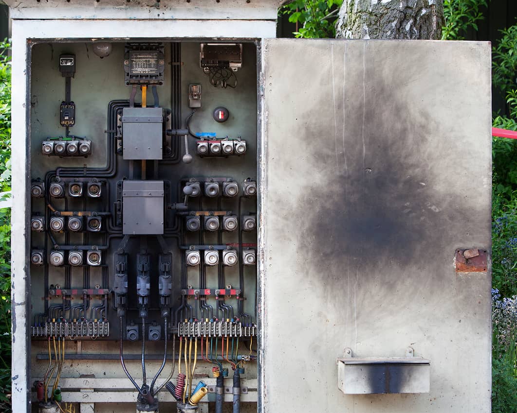 An open outdoor electrical control cabinet showing extensive internal wiring, breakers, and components. The inside is cleanly organized, while the closed door on the right is heavily blackened with soot, indicating a burn or electrical fault. The unit sits in a garden area with plants behind it.