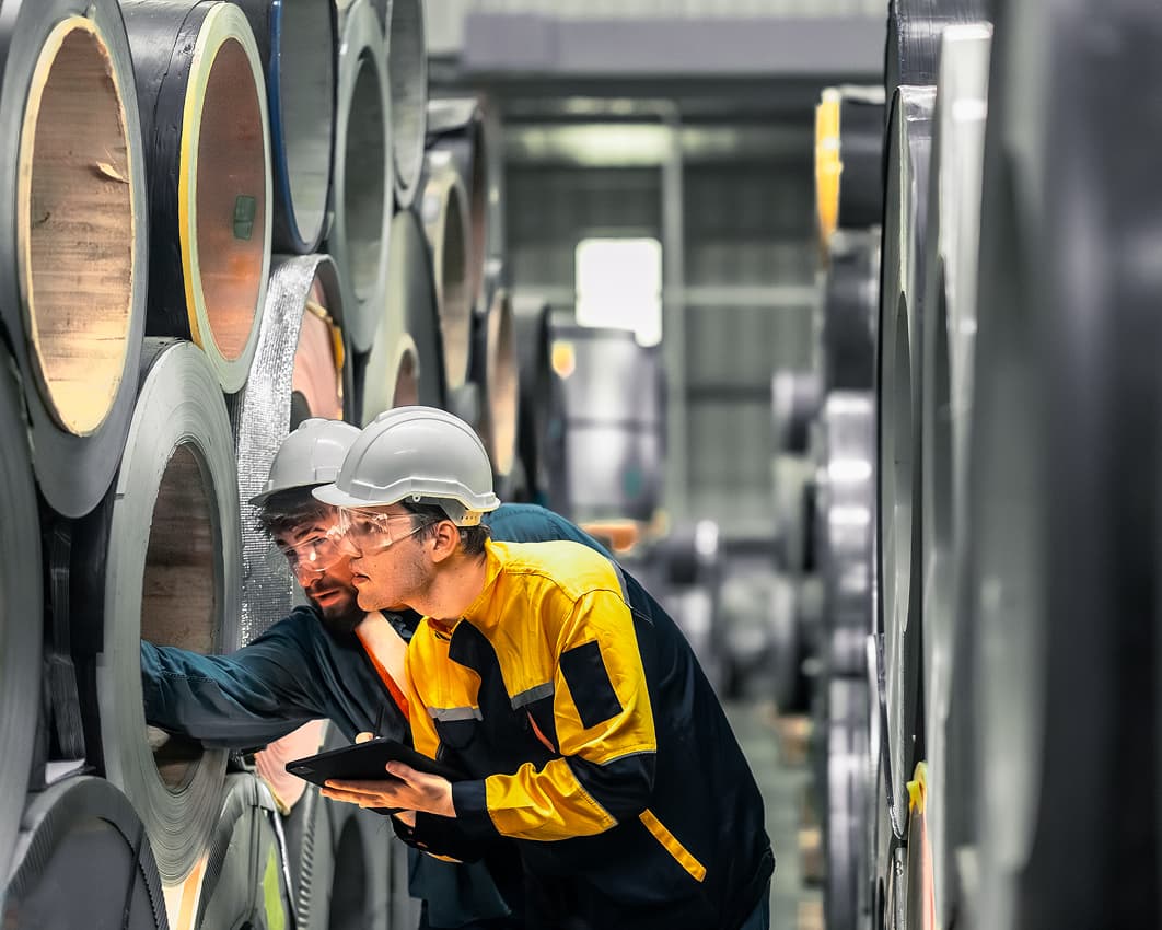 Two workers in hard hats and safety glasses inspect large, stacked barrels in an industrial setting, focusing intently. The scene feels meticulous.