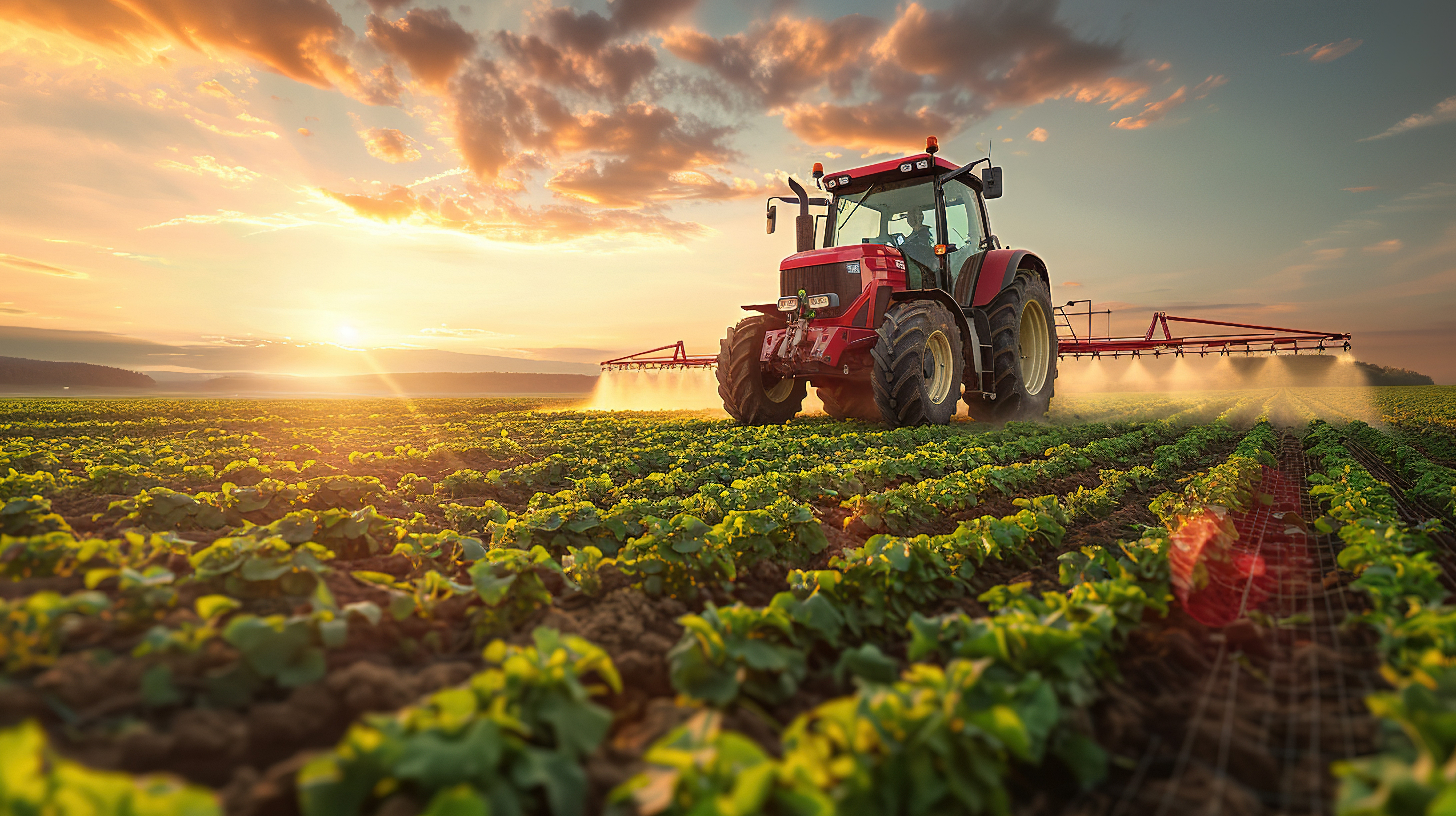 irrigation tractor driving spraying or harvesting an agricultural crop at sunset with information infographic data datum as banner design for agriculture industry and food supply production concepts Commercial industrial mechanical and electrical systems